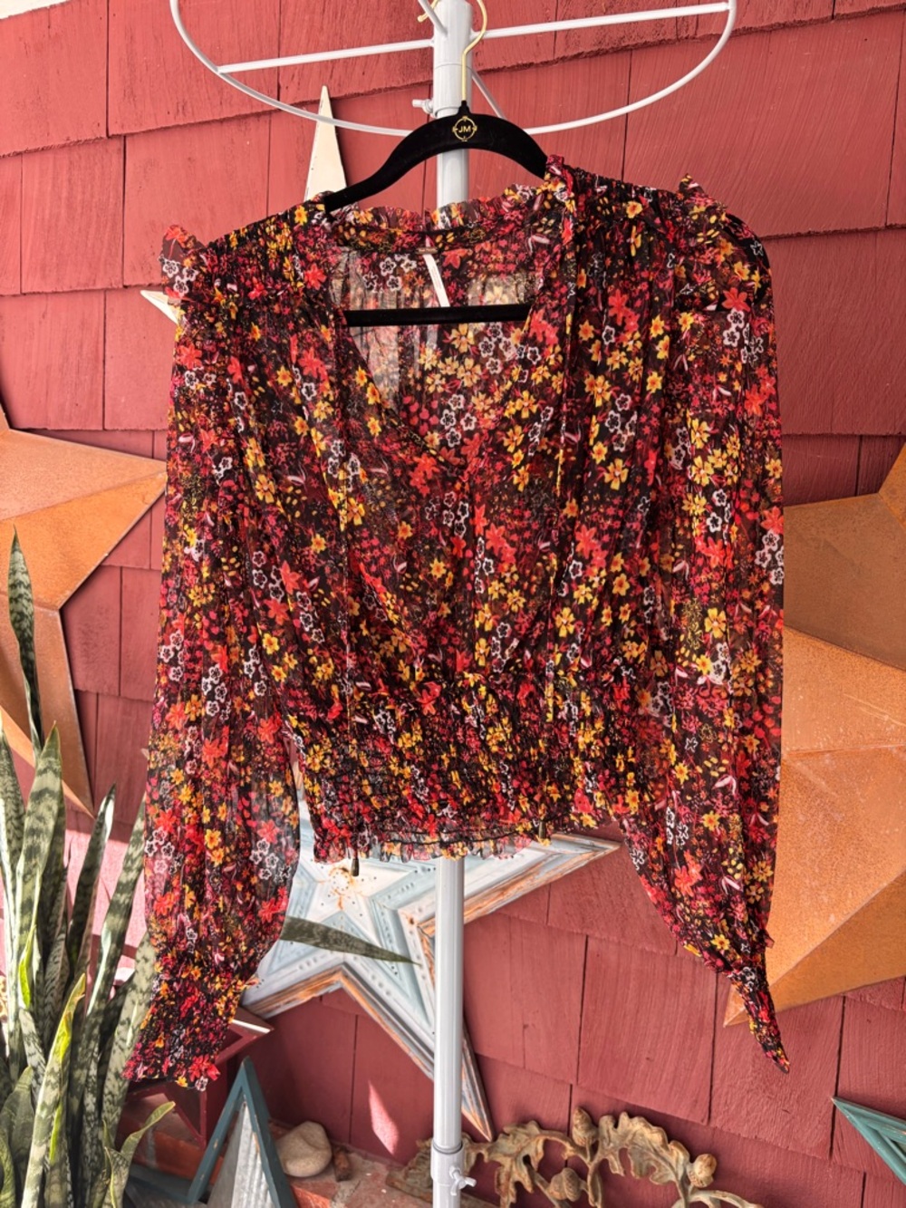 Free People Sheer Floral Long Sleeve V-Neck Blouse Women’s Size L